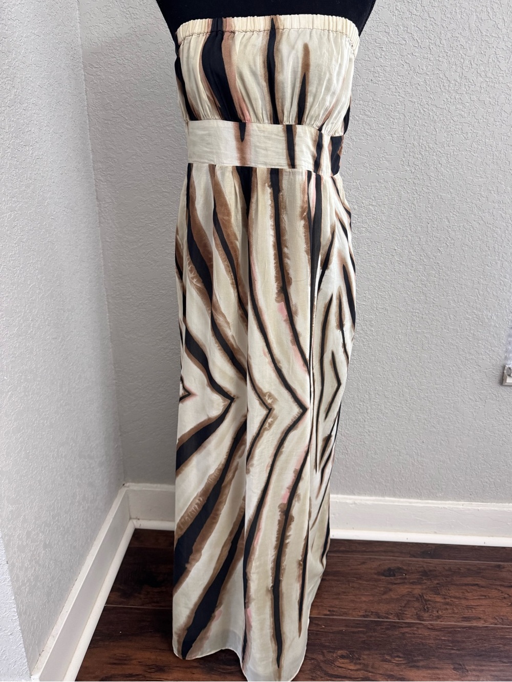 Haven Strapless Maxi Dress in Cream with Black, Brown & Pink Brushstroke Print